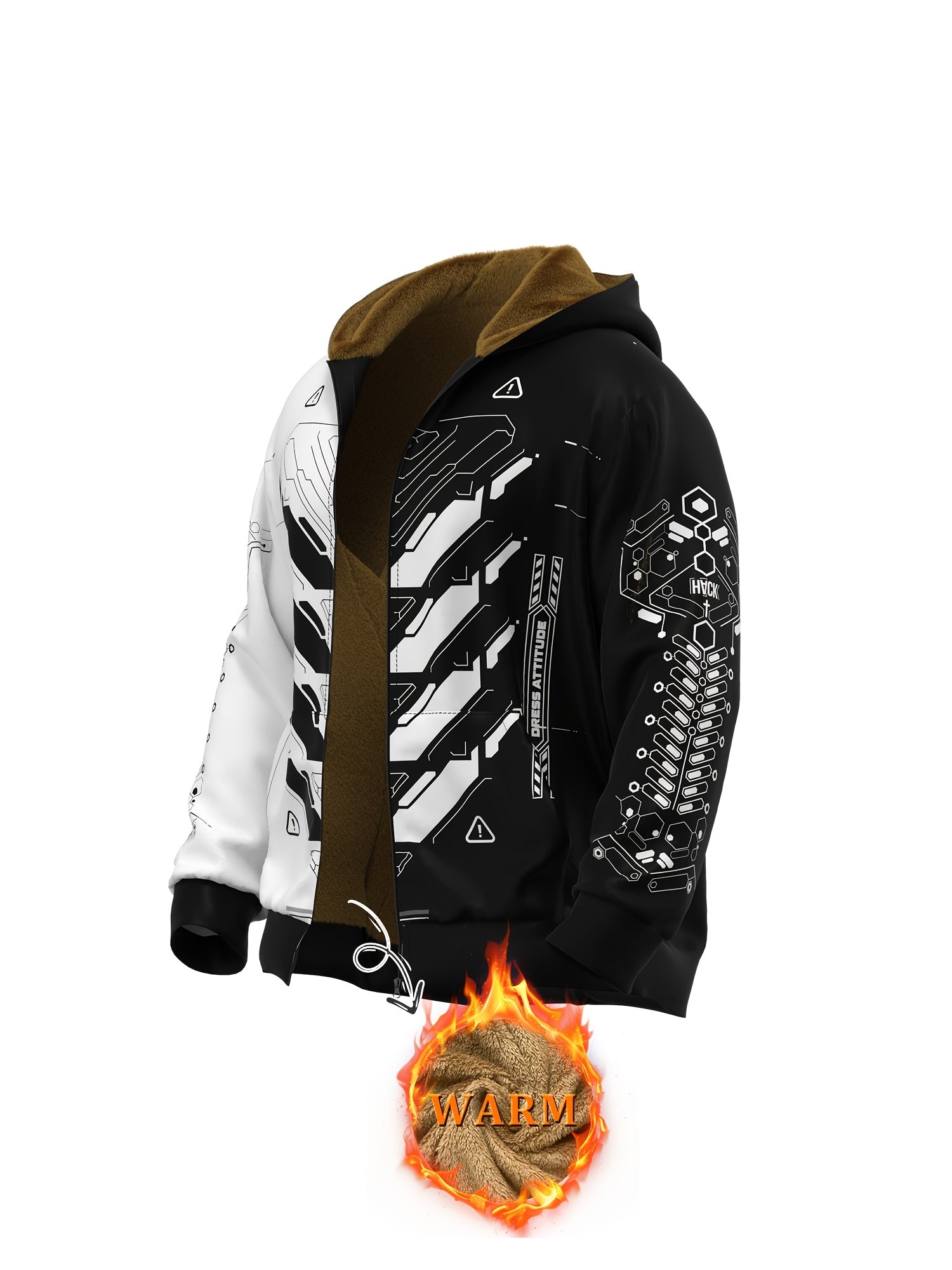 Monochrome Cyberpunk Zip-Up Hoodie – Men’s Fall/Winter Streetwear Jacket