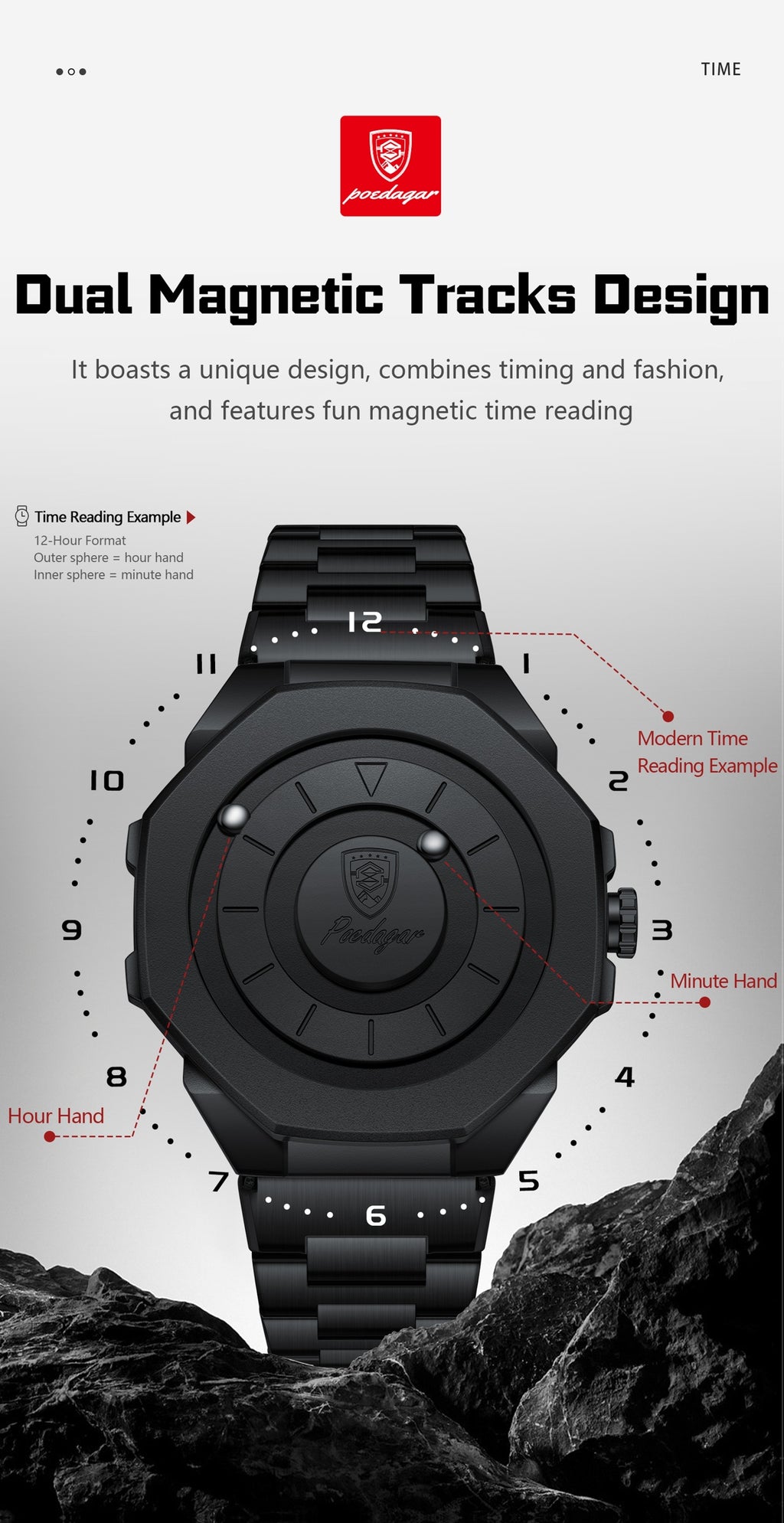 Men’s Quartz Future Magnetic Watch– Stainless Steel Underworld Time Peace Watch Band with Magnetic Back & Alloy Case