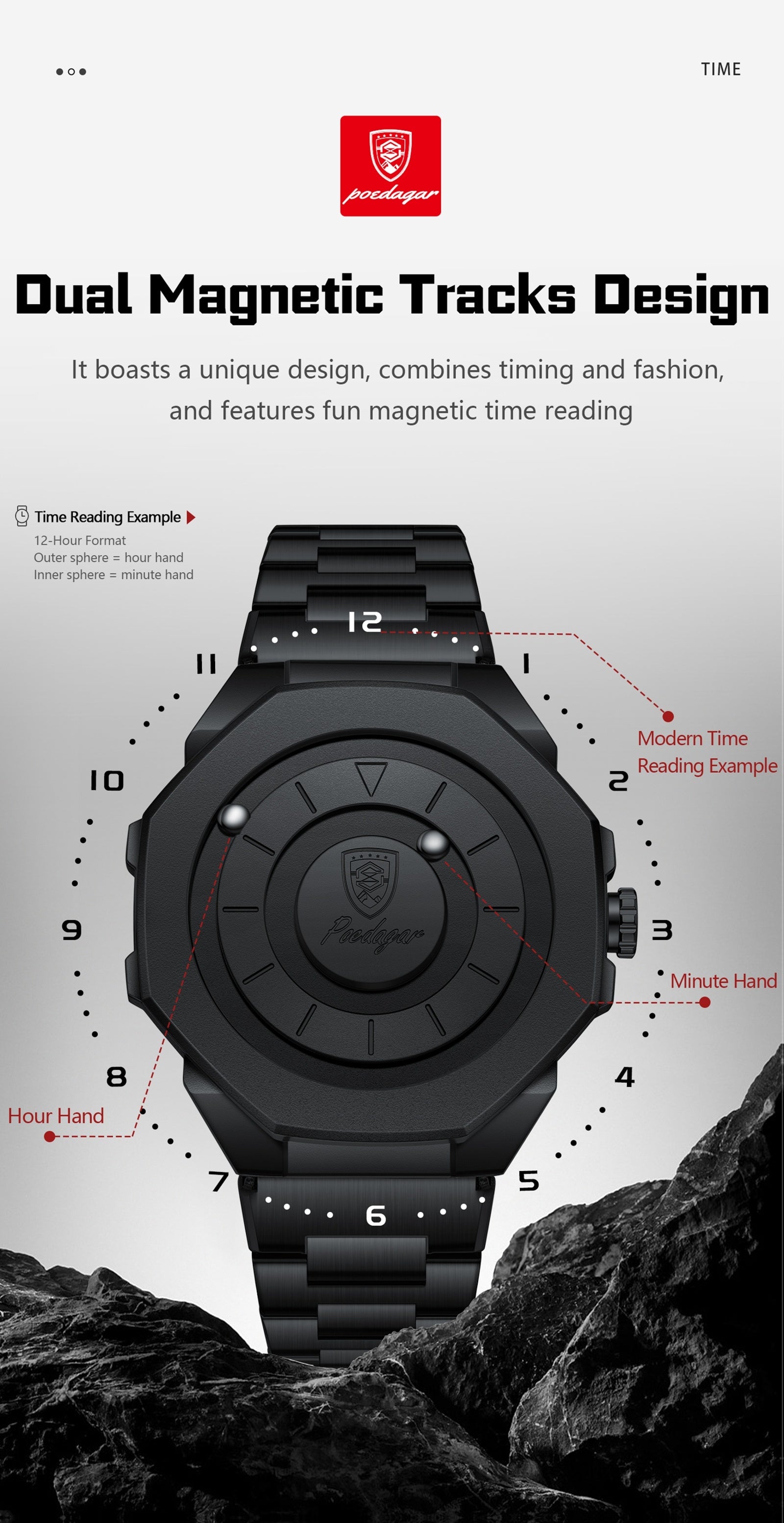 Men’s Quartz Future Magnetic Watch– Stainless Steel Underworld Time Peace Watch Band with Magnetic Back & Alloy Case
