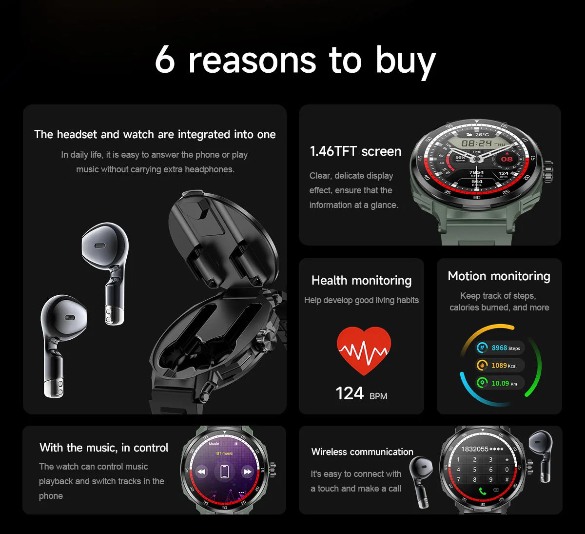 2 in 1 Smart Watch with Wireless Earbuds Bluetooth Calling NFC Health Monitor Fitness Tracker Smartwatch for Android and iOS
