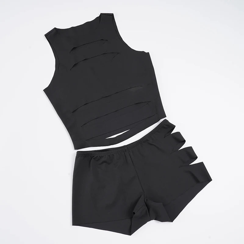 Womens Sexy Two Piece Shorts Set Hollow Out Crop Top and Low Waist Shorts Slim Fit Clubwear Outfit