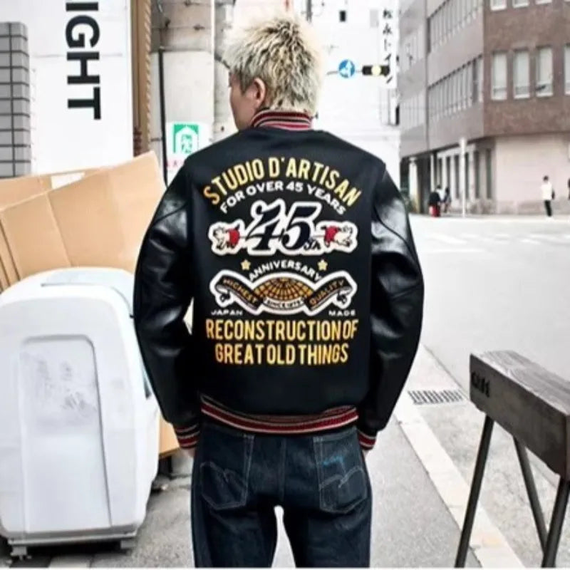 Varsity Jacket for Men PU Leather Sleeves Embroidered Baseball Jacket Streetwear College Style Outerwear