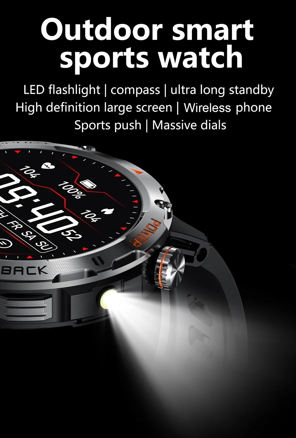 Tactical Outdoor Smart Watch with Flashlight Bluetooth Call Fitness Tracker for Android and iOS
