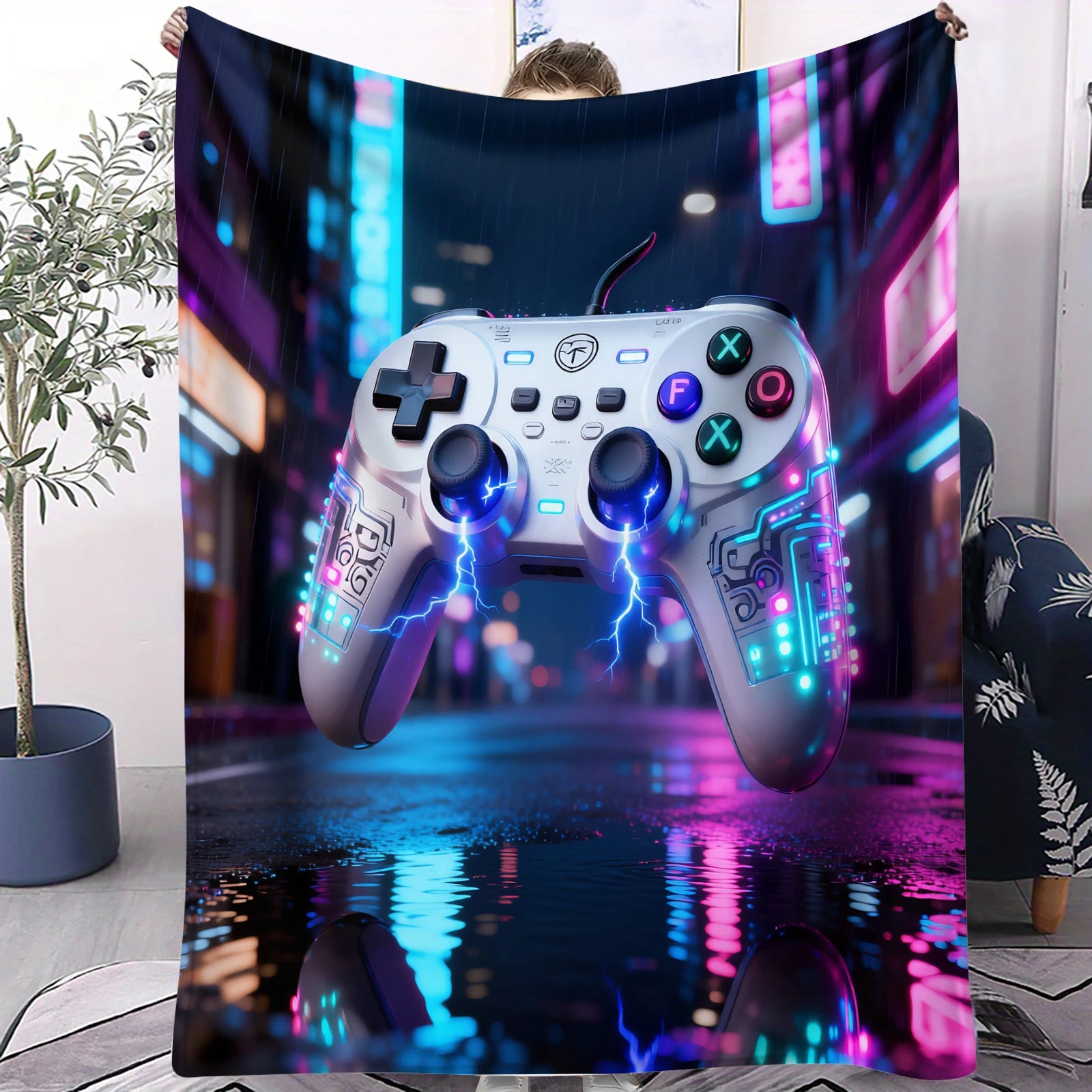 Cyberpunk Themed Gaming Controller Print Flannel Blanket for Adult Quality Soft Warm Universal Blanket for Travel Picnic Home