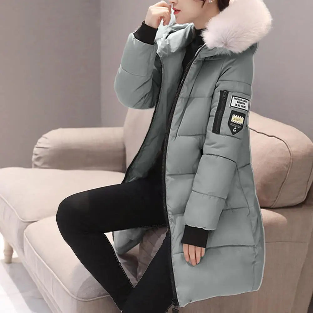 Womens Winter Parka Long Coat Hooded Down Cotton Jacket with Fur Collar Warm Fashion Outerwear
