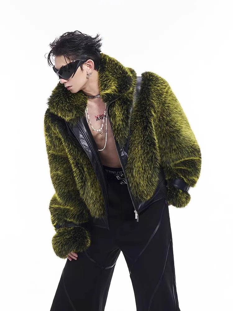 Autumn Winter Cool Handsome Thick Warm Patchwork Faux Fur Coat Men Luxury Designer Clothes Zip Up Fluffy Jacket 2025