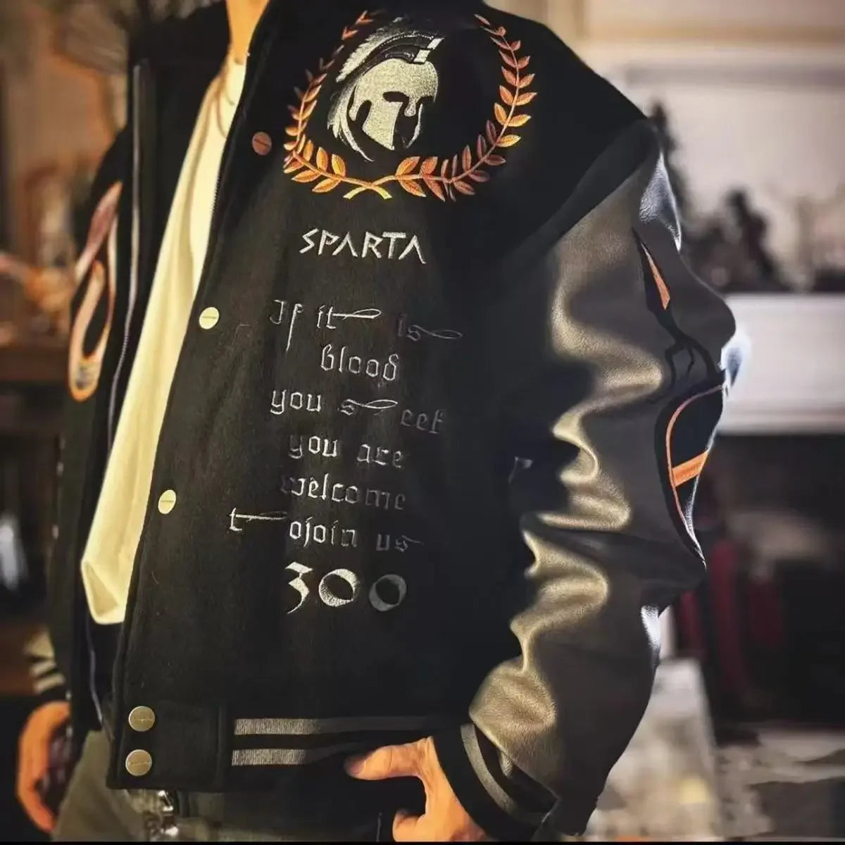 Varsity Jacket for Men PU Leather Sleeves Embroidered Baseball Jacket Streetwear College Style Outerwear