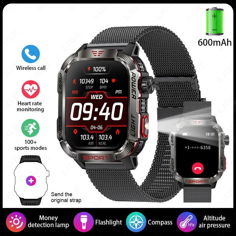 Military Outdoor Smart Watch for Men 600 mAh Battery Bluetooth Calling Fitness Tracker Blood Oxygen Monitor Waterproof Smartwatch for Android and iOS