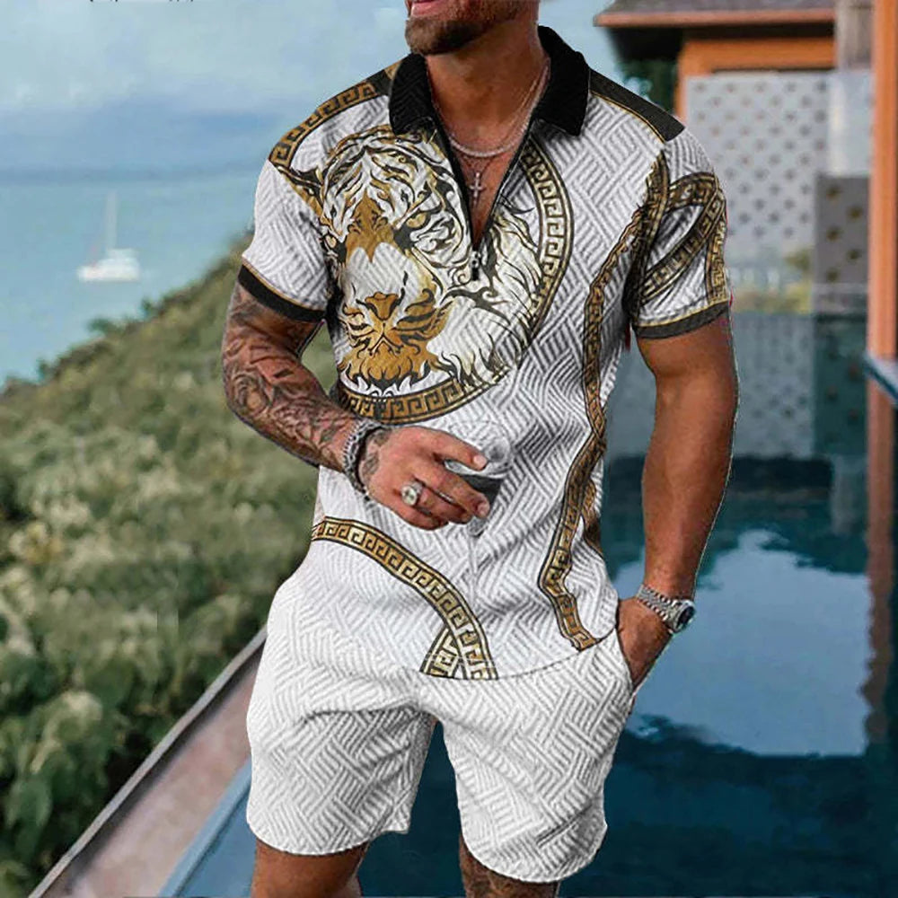 Men Tracksuit Set Summer Short Sleeve Polo Shirt and Shorts Set Casual Streetwear 2 Piece Outfit