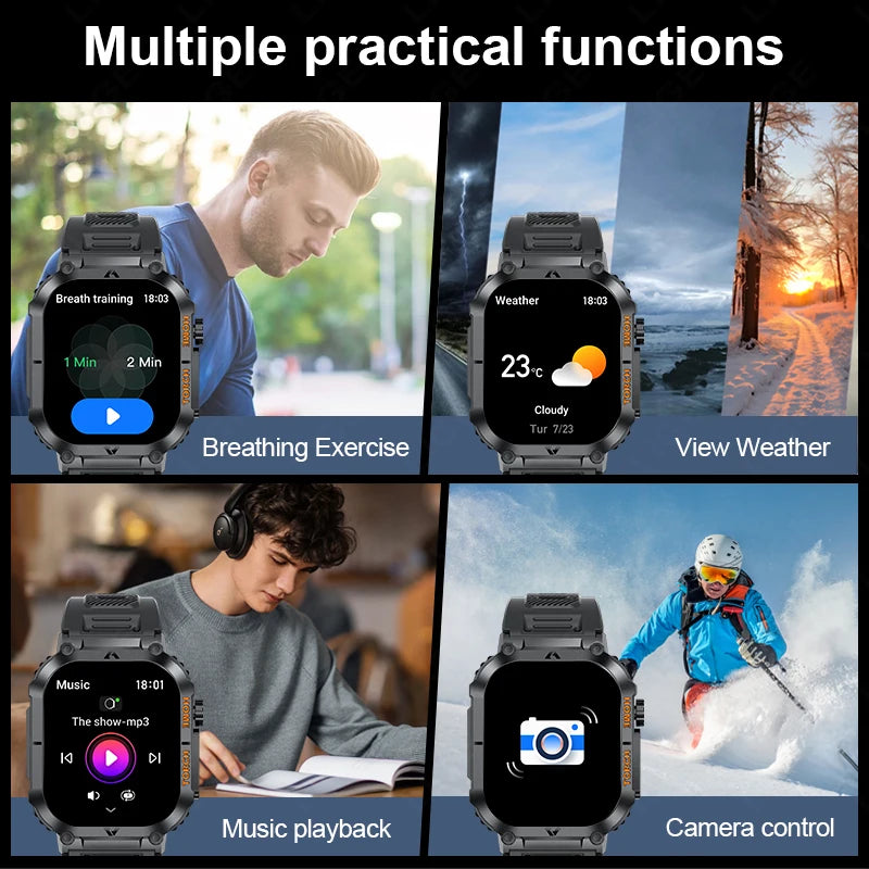 Rugged And Durable Military Smart Watch Ip68 Waterproof 2.02 ''HD Display Bluetooth Voice Smart Watch With Flashlight 2024 New