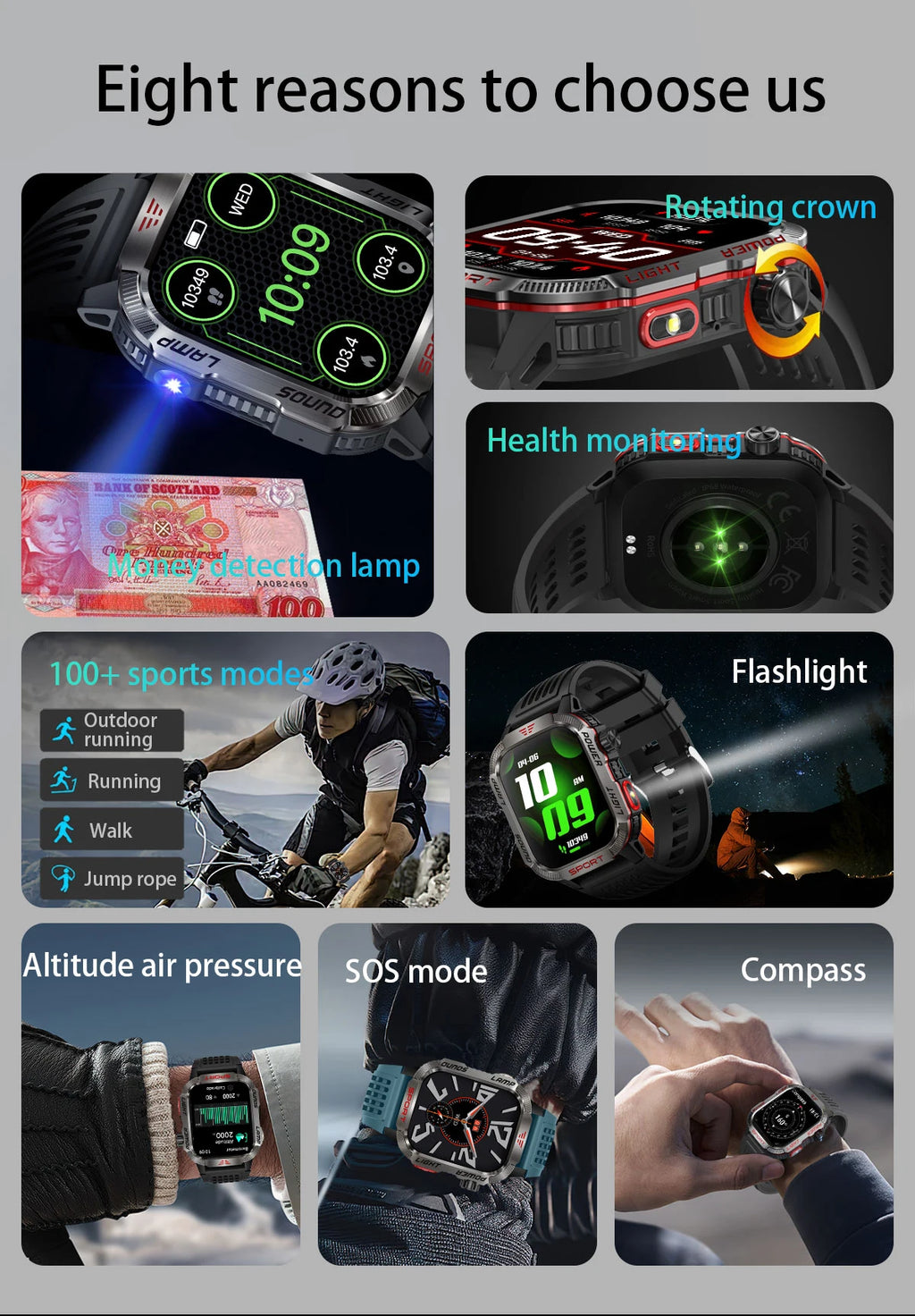 Military Outdoor Smart Watch for Men 600 mAh Battery Bluetooth Calling Fitness Tracker Blood Oxygen Monitor Waterproof Smartwatch for Android and iOS