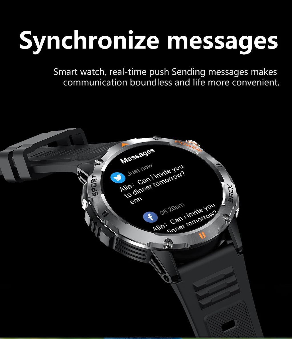 Tactical Outdoor Smart Watch with Flashlight Bluetooth Call Fitness Tracker for Android and iOS