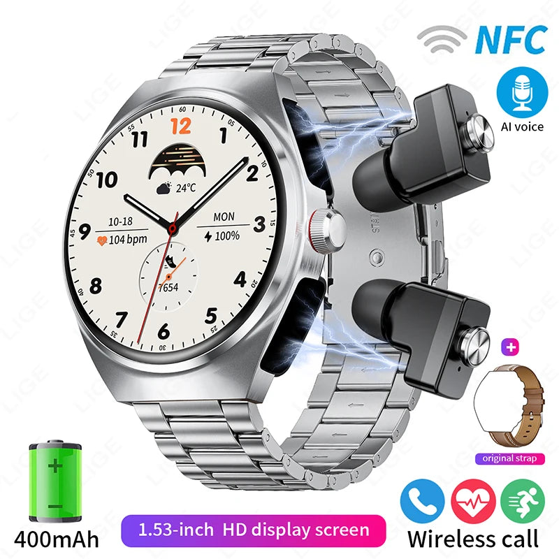 2 In 1 TWS Earphones Smart Watch Waterproof Wireless Bluetooth Headset Call Health Blood Pressure Sports Music Smartwatch