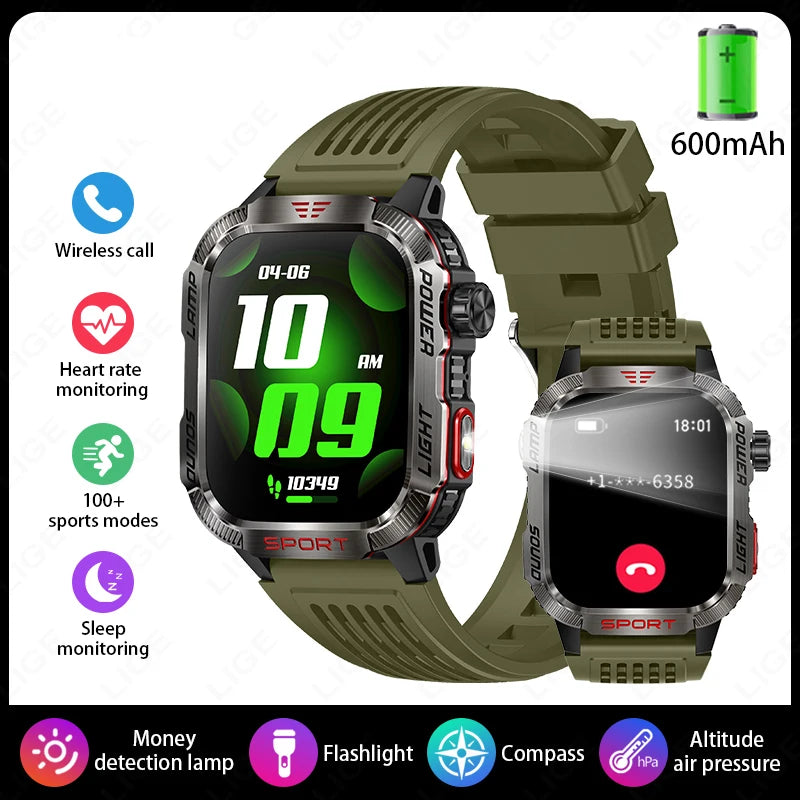 Military Outdoor Smart Watch for Men 600 mAh Battery Bluetooth Calling Fitness Tracker Blood Oxygen Monitor Waterproof Smartwatch for Android and iOS
