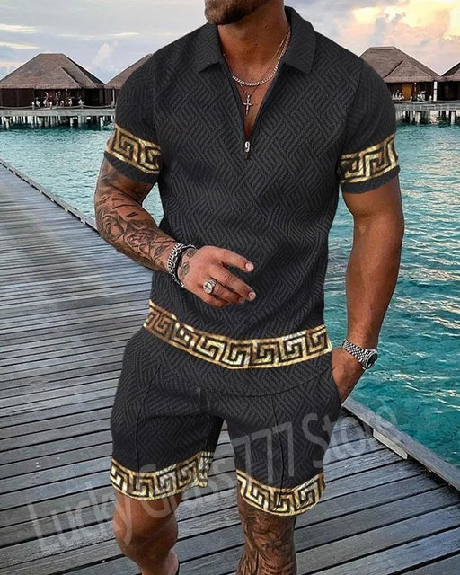 Men Tracksuit Set Summer Short Sleeve Polo Shirt and Shorts Set Casual Streetwear 2 Piece Outfit