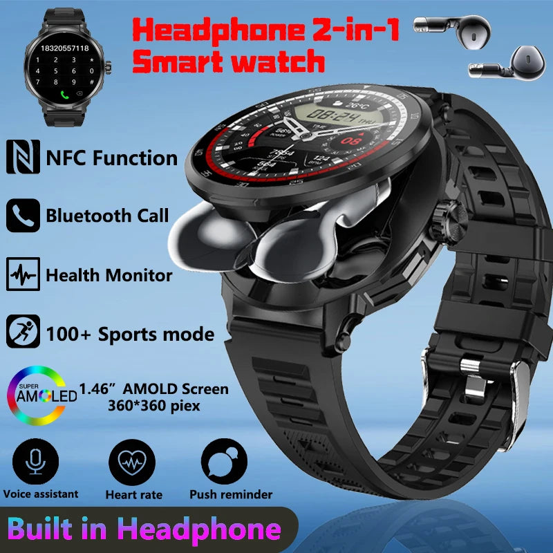 2 in 1 Smart Watch with Wireless Earbuds Bluetooth Calling NFC Health Monitor Fitness Tracker Smartwatch for Android and iOS