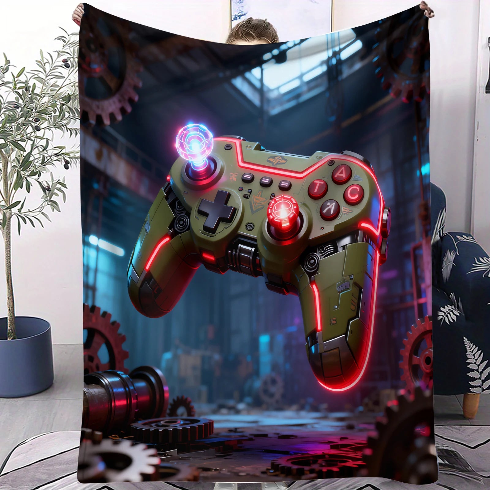 Cyberpunk Themed Gaming Controller Print Flannel Blanket for Adult Quality Soft Warm Universal Blanket for Travel Picnic Home