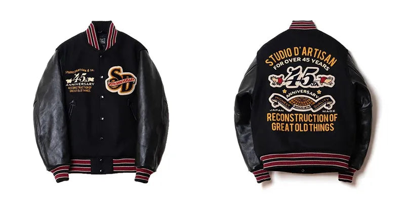 Varsity Jacket for Men PU Leather Sleeves Embroidered Baseball Jacket Streetwear College Style Outerwear