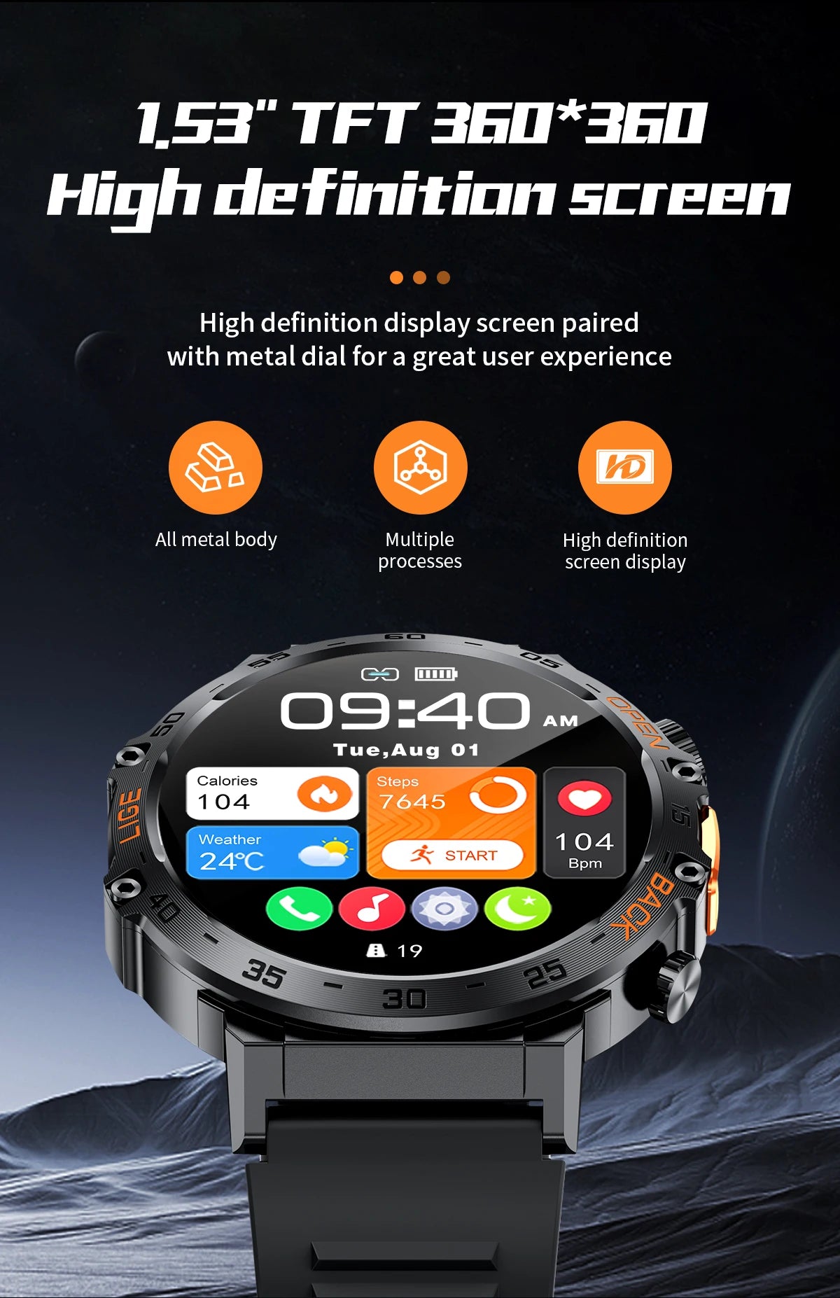 HD Smart Watch for Men 360 by 360 Display Bluetooth Fitness Tracker Waterproof Sport Smartwatch for Android and iOS