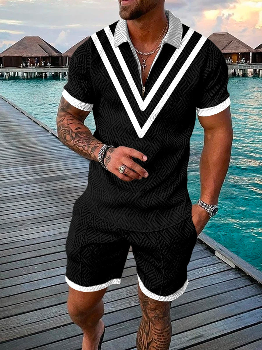 Men Tracksuit Set Summer Short Sleeve Polo Shirt and Shorts Set Casual Streetwear 2 Piece Outfit