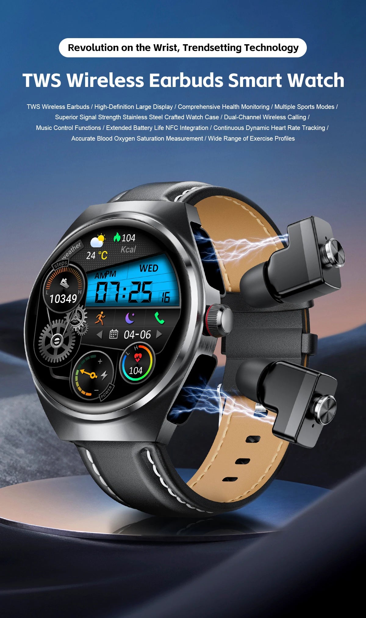 2 In 1 TWS Earphones Smart Watch Waterproof Wireless Bluetooth Headset Call Health Blood Pressure Sports Music Smartwatch