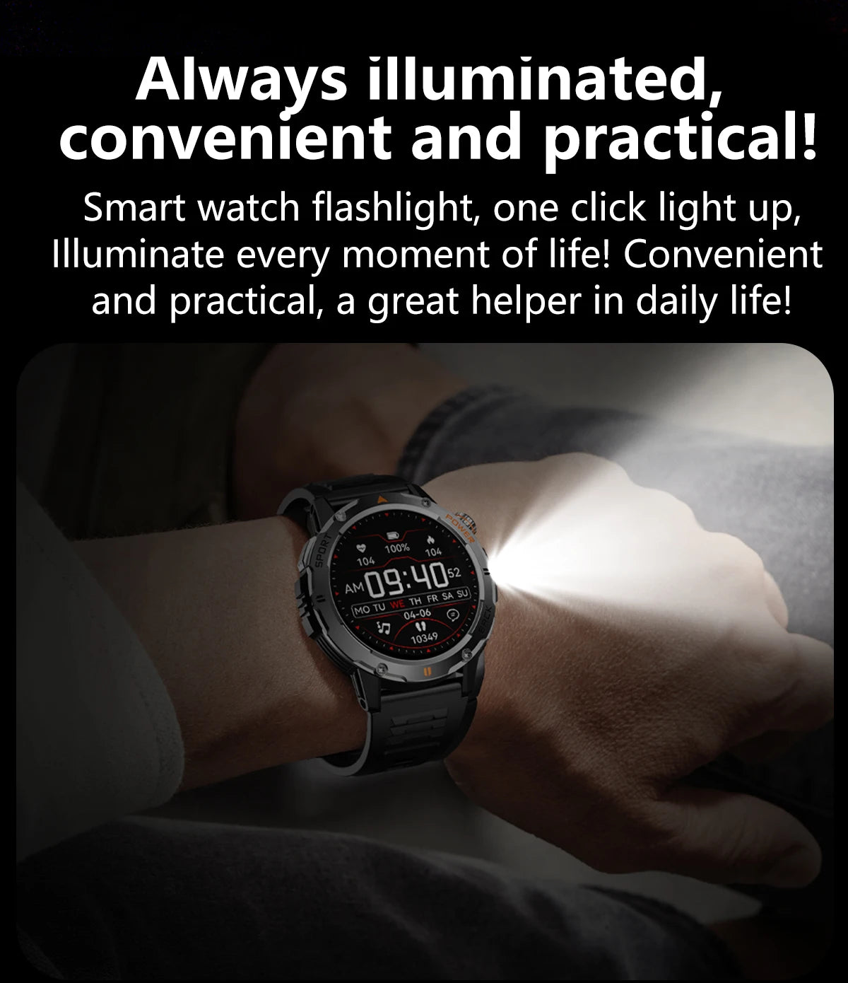 Tactical Outdoor Smart Watch with Flashlight Bluetooth Call Fitness Tracker for Android and iOS