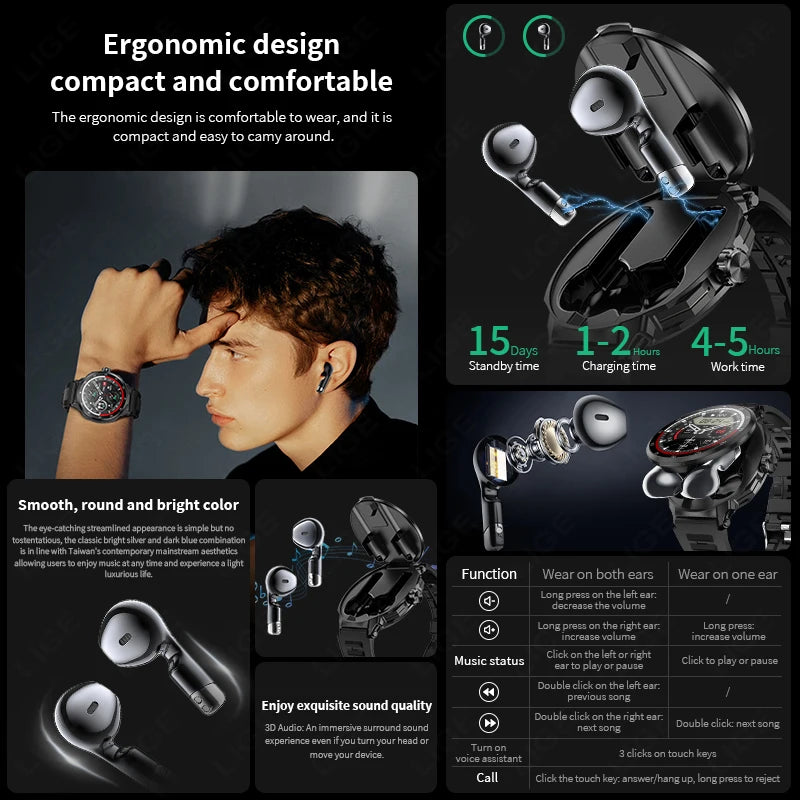 2 in 1 Smart Watch with Wireless Earbuds Bluetooth Calling NFC Health Monitor Fitness Tracker Smartwatch for Android and iOS