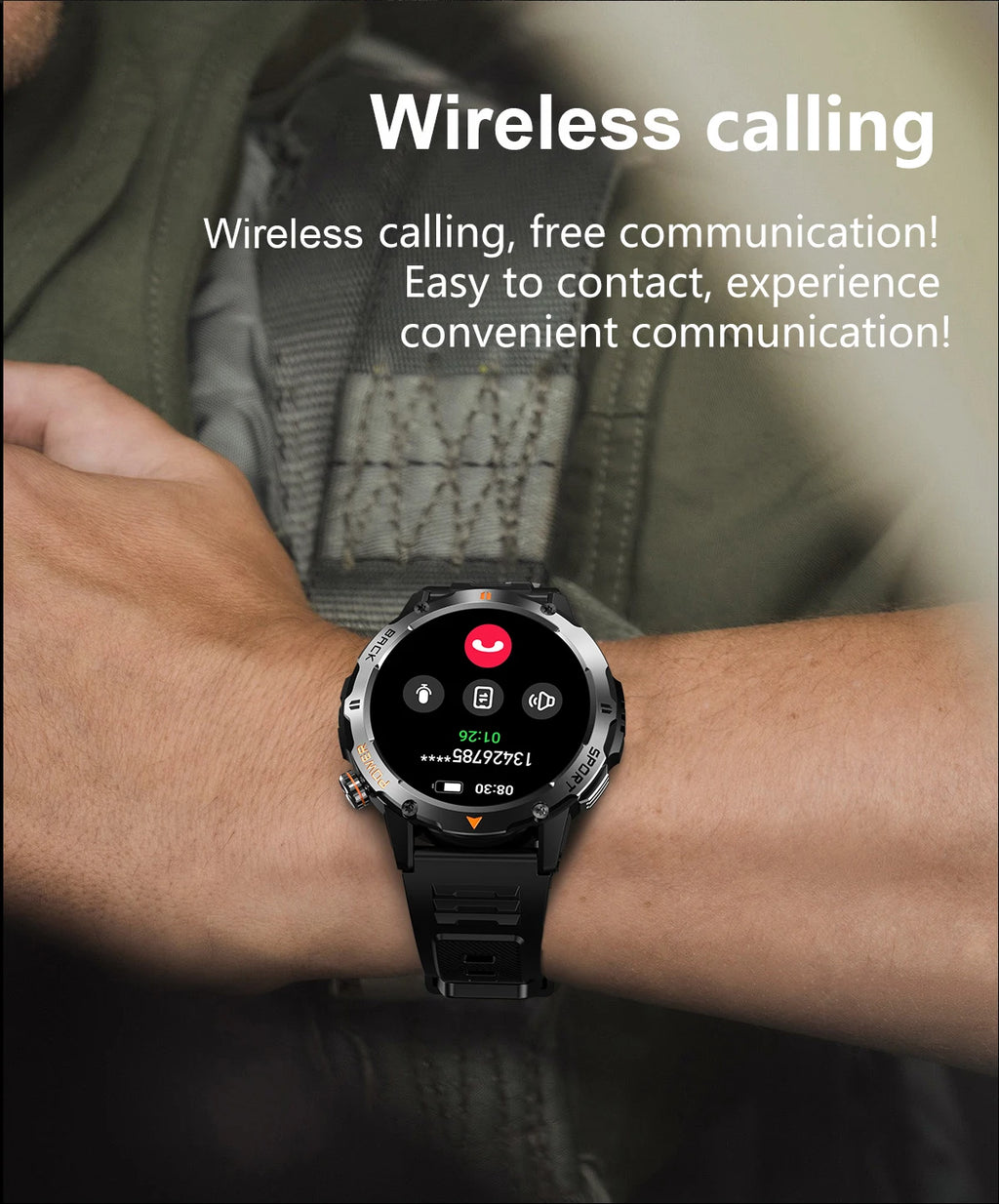 Tactical Outdoor Smart Watch with Flashlight Bluetooth Call Fitness Tracker for Android and iOS