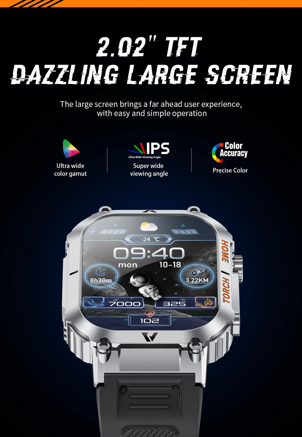 Rugged And Durable Military Smart Watch Ip68 Waterproof 2.02 ''HD Display Bluetooth Voice Smart Watch With Flashlight 2024 New