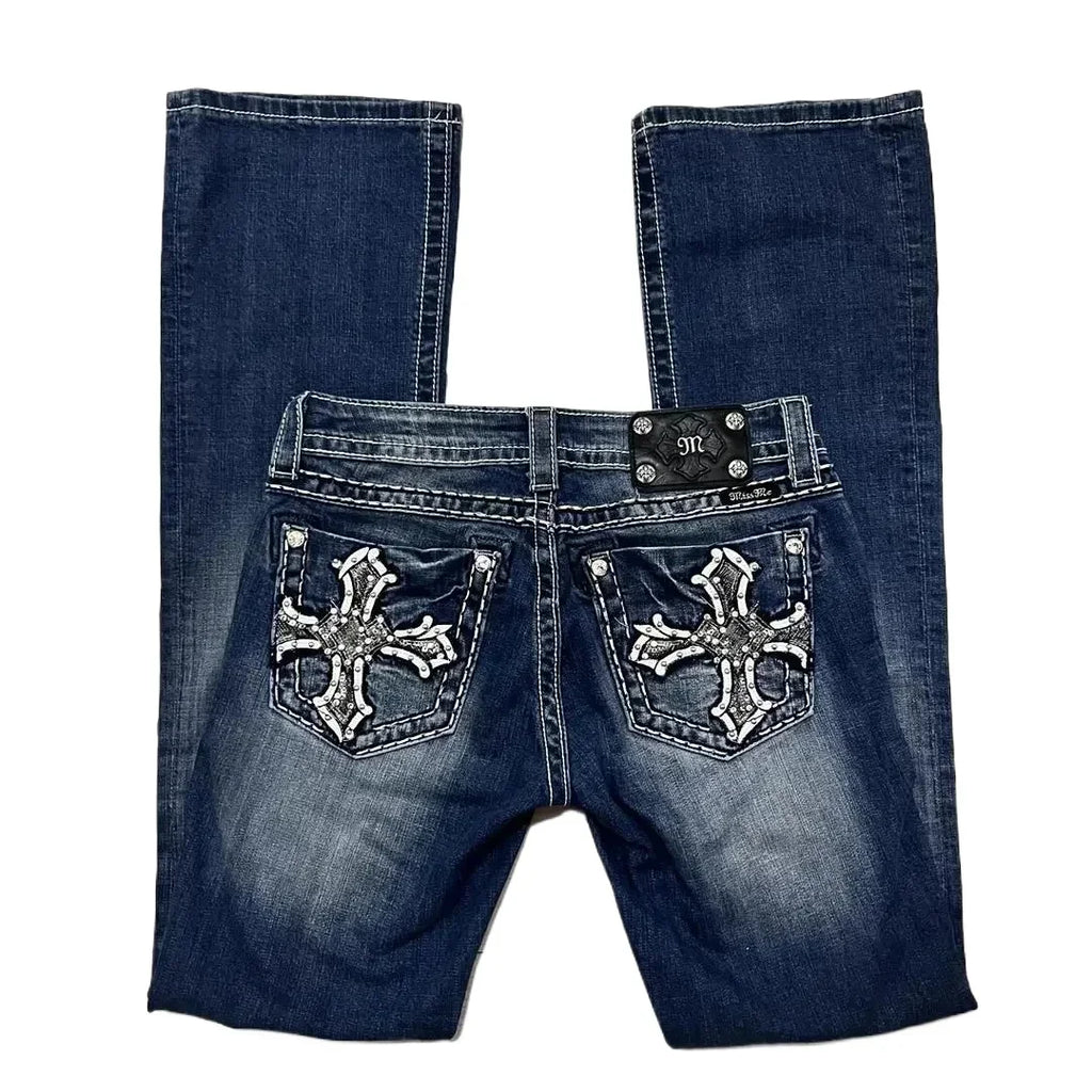 Y2K New Gothic Revival Mens Jeans Foliage Bootcut Women Blue Denim Embroidery Pocket Hip Hop Harajuku Wide Pants Streetwear