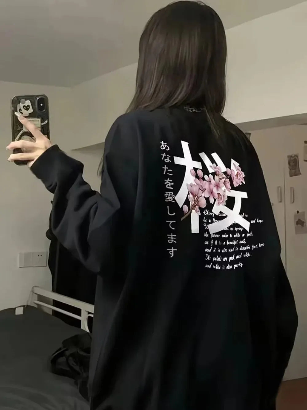 Y2k Top Black Long Sleeved T Shirt Cherry Word Blossom Print Artistic Graphic Pullover Men Women Casual Street Loose and Tops
