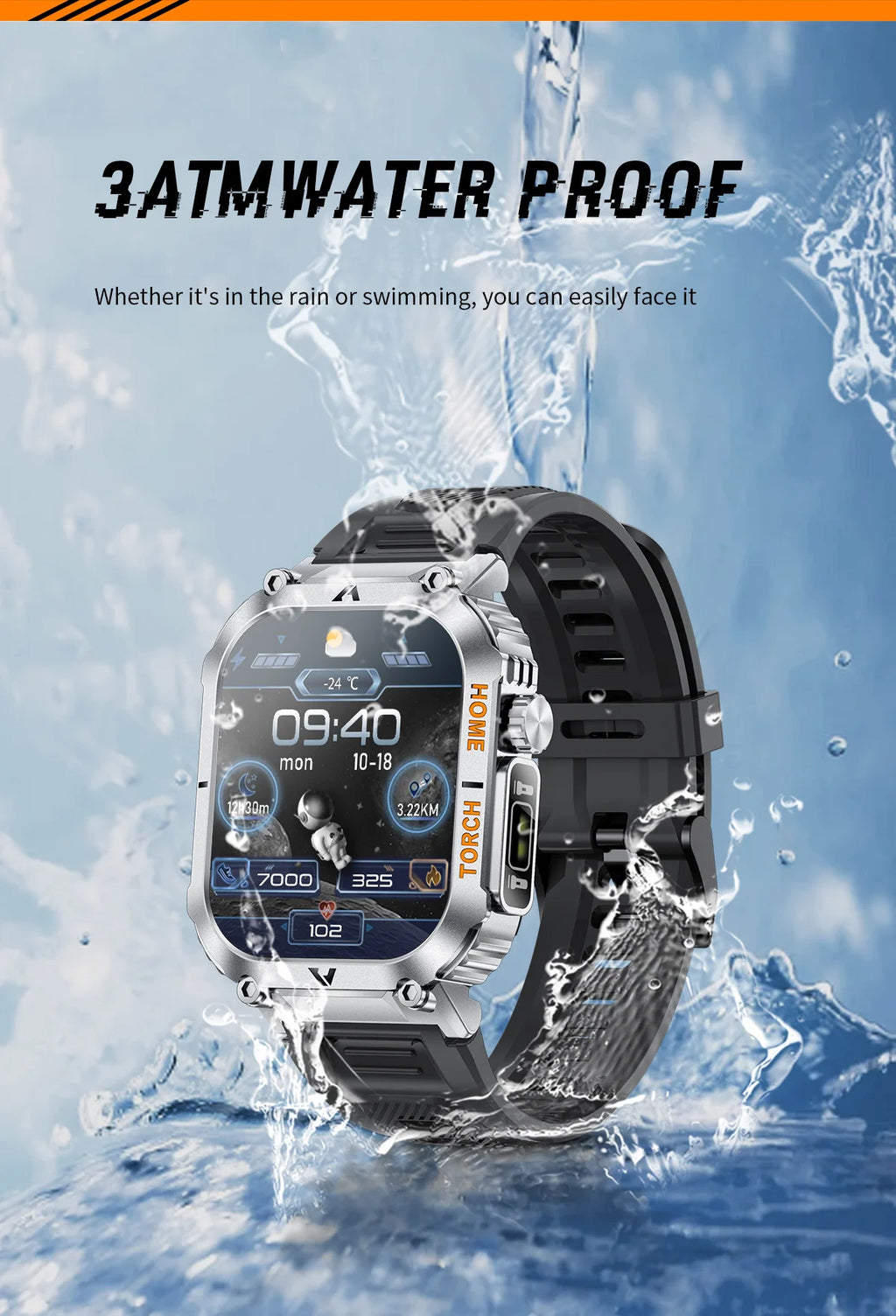 Rugged And Durable Military Smart Watch Ip68 Waterproof 2.02 ''HD Display Bluetooth Voice Smart Watch With Flashlight 2024 New