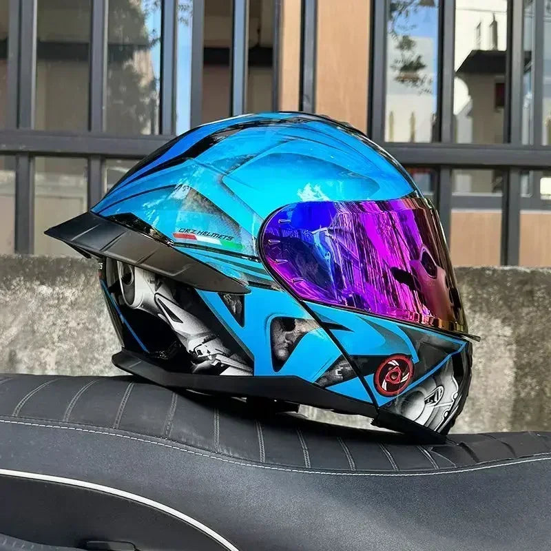 Bad Boy Flip Up Motorcycle Helmet Face Dual Visor Double Mirror Racing Helmet with Night Vision Lens for All Season Riding