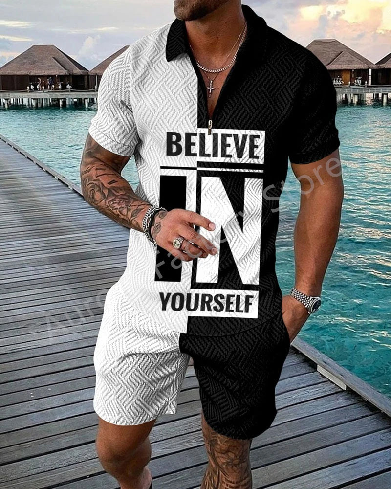 Men Tracksuit Set Summer Short Sleeve Polo Shirt and Shorts Set Casual Streetwear 2 Piece Outfit