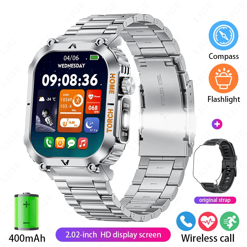 Rugged And Durable Military Smart Watch Ip68 Waterproof 2.02 ''HD Display Bluetooth Voice Smart Watch With Flashlight 2024 New