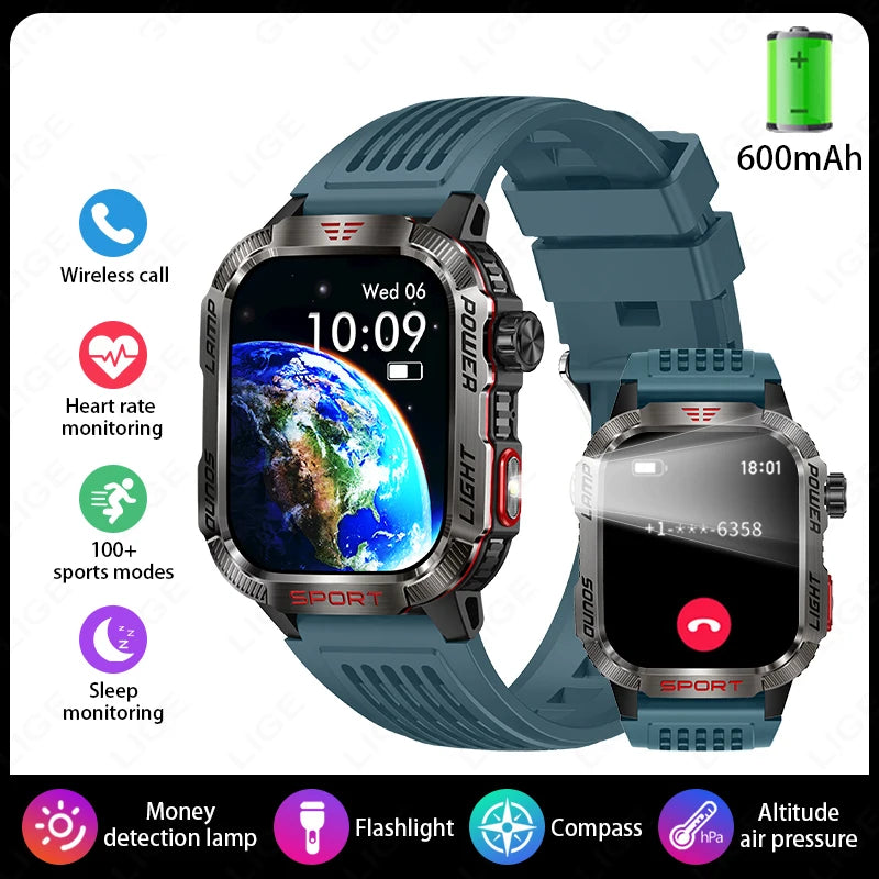 Military Outdoor Smart Watch for Men 600 mAh Battery Bluetooth Calling Fitness Tracker Blood Oxygen Monitor Waterproof Smartwatch for Android and iOS