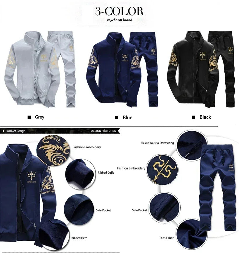 Mens Sports Suit Fleece Warm Jacket and Drawstring Pants Set Printed Fashion Tracksuit for Men