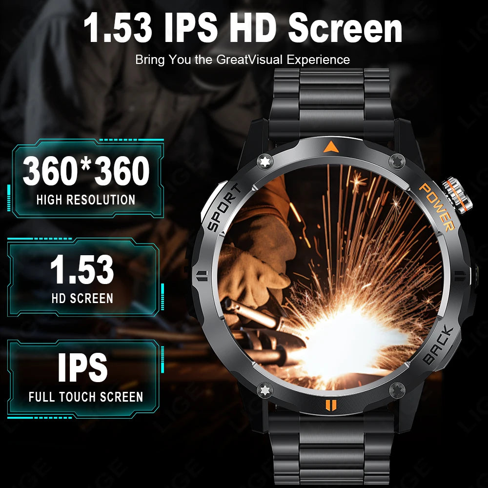 Tactical Outdoor Smart Watch with Flashlight Bluetooth Call Fitness Tracker for Android and iOS
