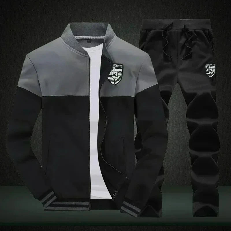 Mens Sports Suit Fleece Warm Jacket and Drawstring Pants Set Printed Fashion Tracksuit for Men
