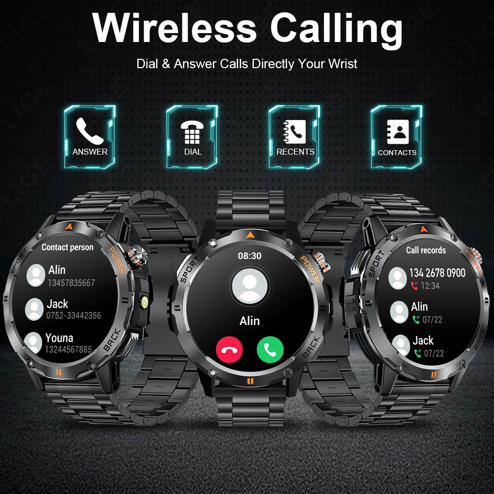 Tactical Outdoor Smart Watch with Flashlight Bluetooth Call Fitness Tracker for Android and iOS