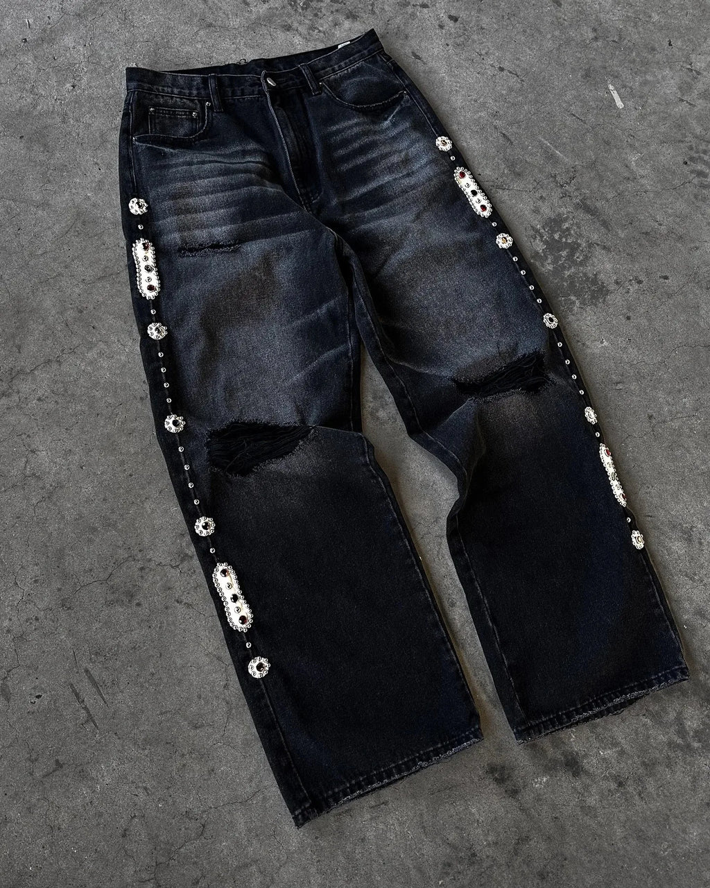 Womens Flared Jeans Diamond Embroidery Vintage Y2K Low Rise Baggy Denim Pants Streetwear Trousers