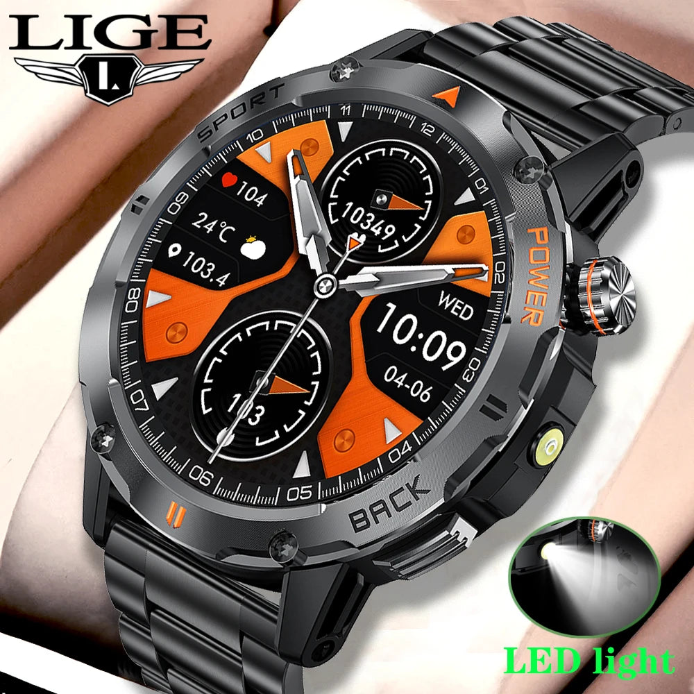 Tactical Outdoor Smart Watch with Flashlight Bluetooth Call Fitness Tracker for Android and iOS