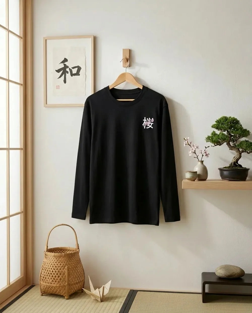 Y2k Top Black Long Sleeved T Shirt Cherry Word Blossom Print Artistic Graphic Pullover Men Women Casual Street Loose and Tops