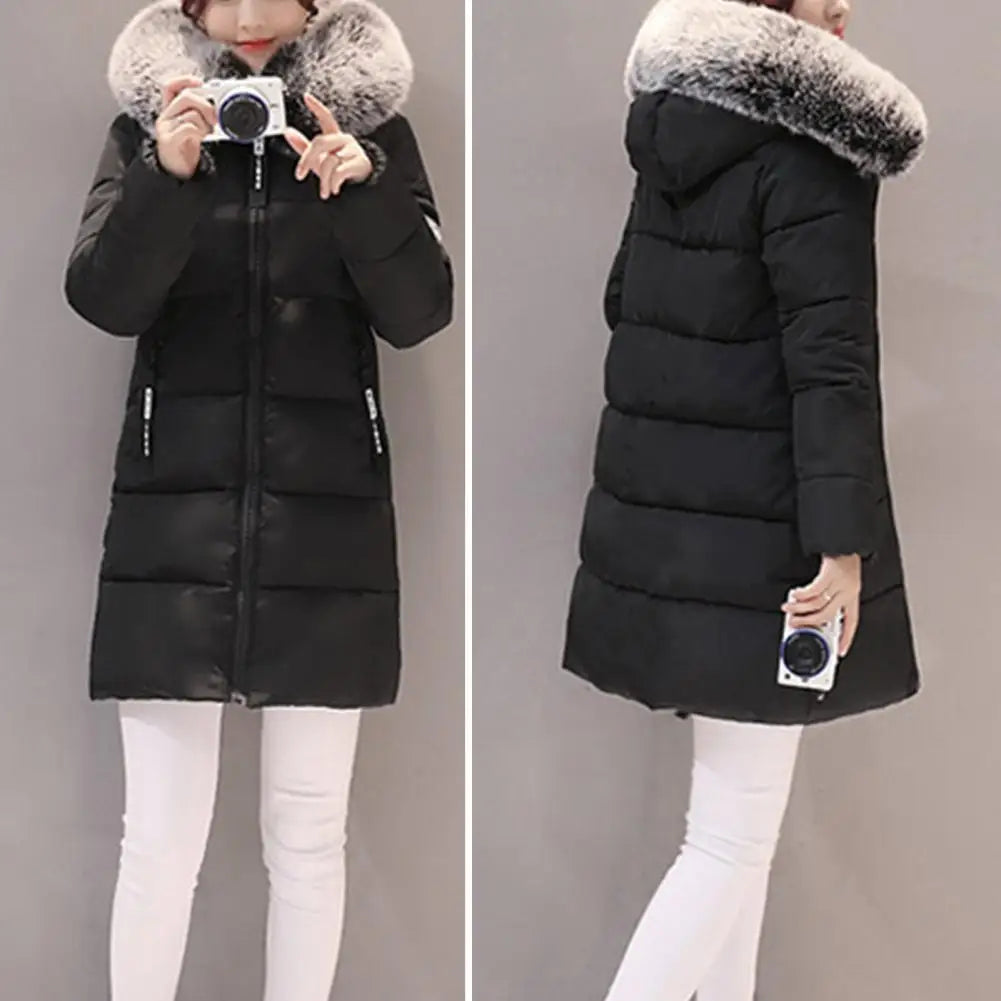 Womens Winter Parka Long Coat Hooded Down Cotton Jacket with Fur Collar Warm Fashion Outerwear
