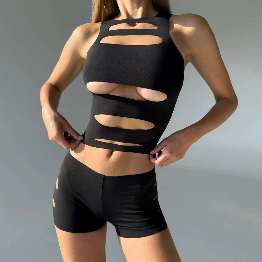 Womens Sexy Two Piece Shorts Set Hollow Out Crop Top and Low Waist Shorts Slim Fit Clubwear Outfit