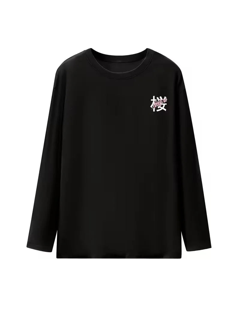 Y2k Top Black Long Sleeved T Shirt Cherry Word Blossom Print Artistic Graphic Pullover Men Women Casual Street Loose and Tops