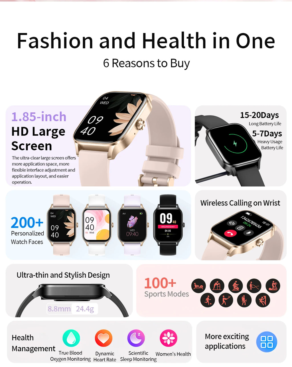 1.85 Inch HD Smart Watch for Men and Women Bluetooth Calling Fitness Tracker Health Monitor Custom Watch Face Smartwatch for Android and iOS