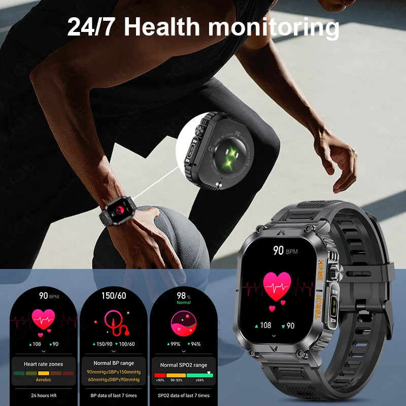 Rugged And Durable Military Smart Watch Ip68 Waterproof 2.02 ''HD Display Bluetooth Voice Smart Watch With Flashlight 2024 New