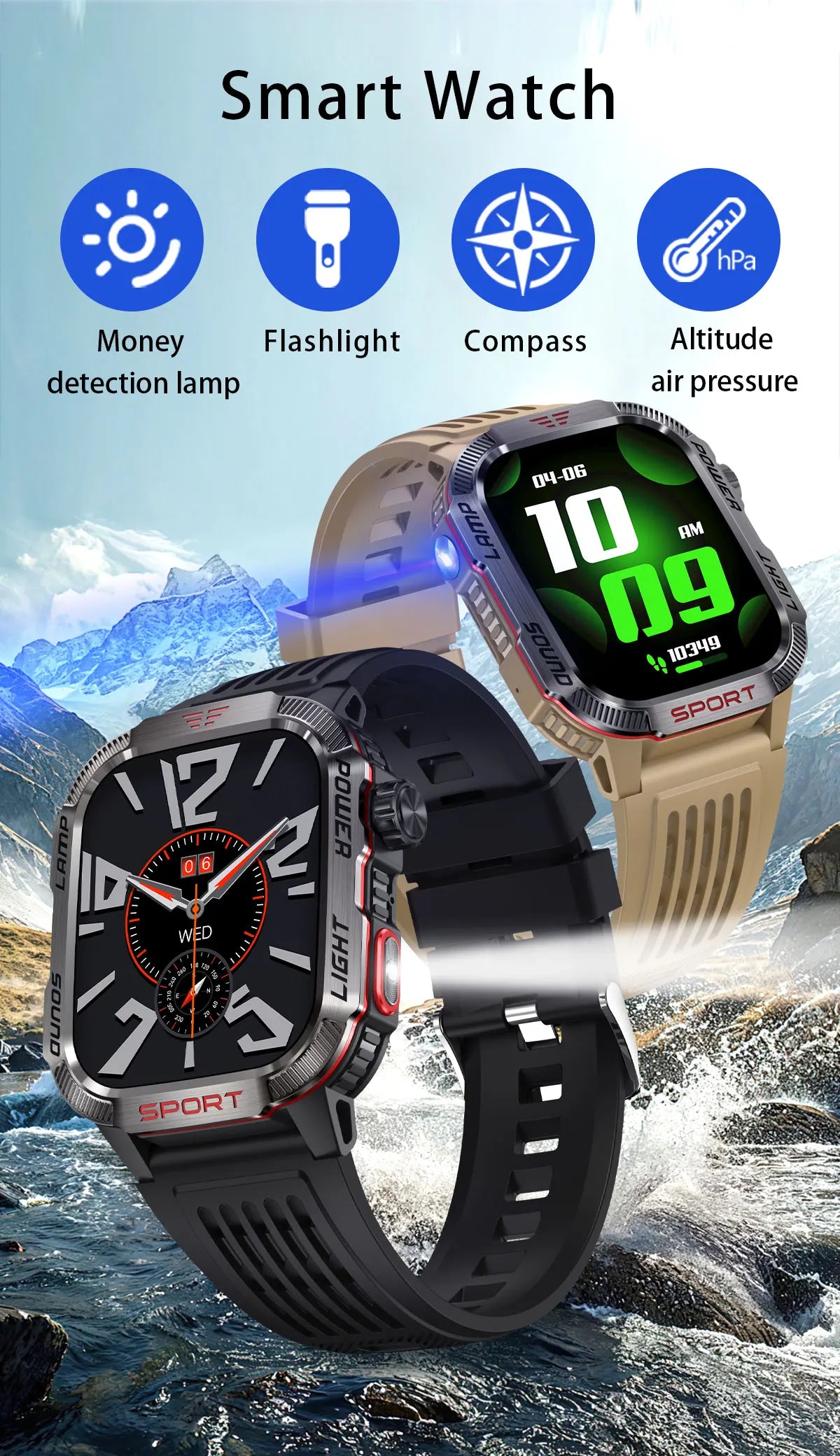 Military Outdoor Smart Watch for Men 600 mAh Battery Bluetooth Calling Fitness Tracker Blood Oxygen Monitor Waterproof Smartwatch for Android and iOS