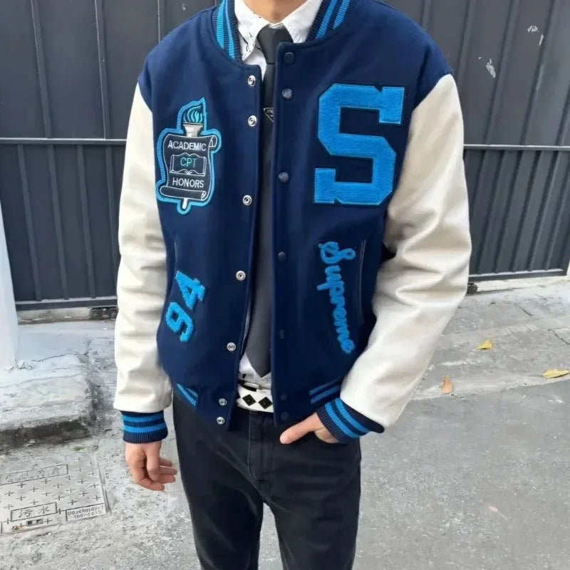 Varsity Jacket for Men PU Leather Sleeves Embroidered Baseball Jacket Streetwear College Style Outerwear